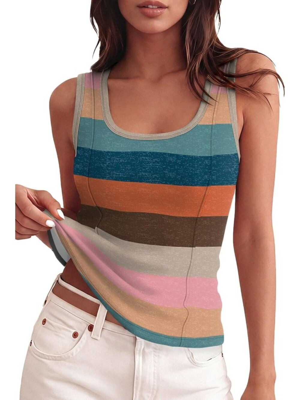 Womens Colorful Striped Tank Top Ribbed Scoop Neck Slim Fit Sleeveless